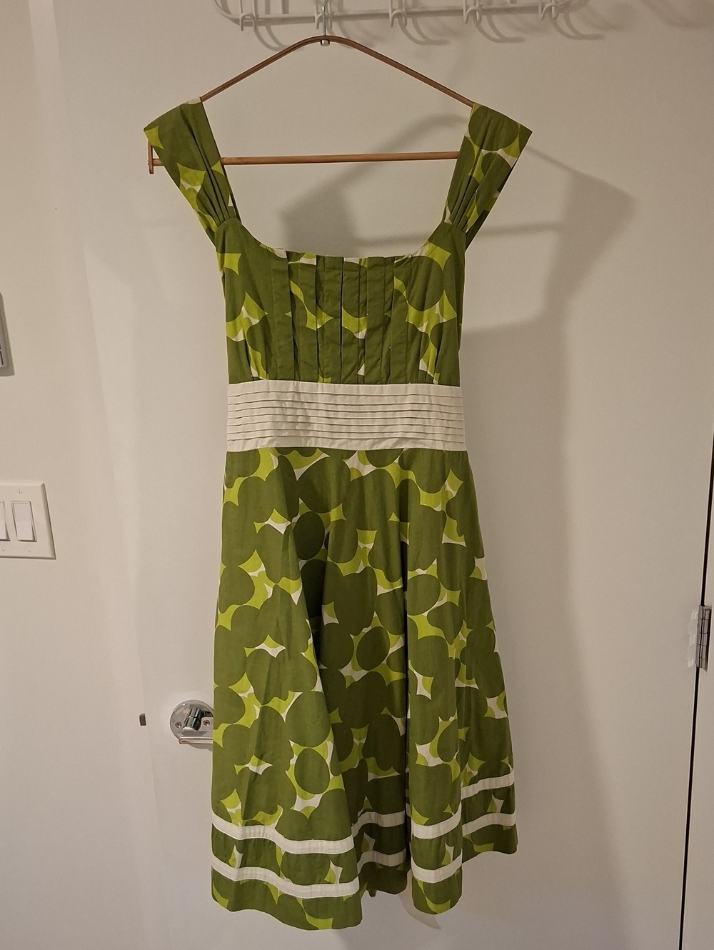 Apricot Green & White Polka Dot Feminine Cap-sleeve Retro Midi Dress (Size S)